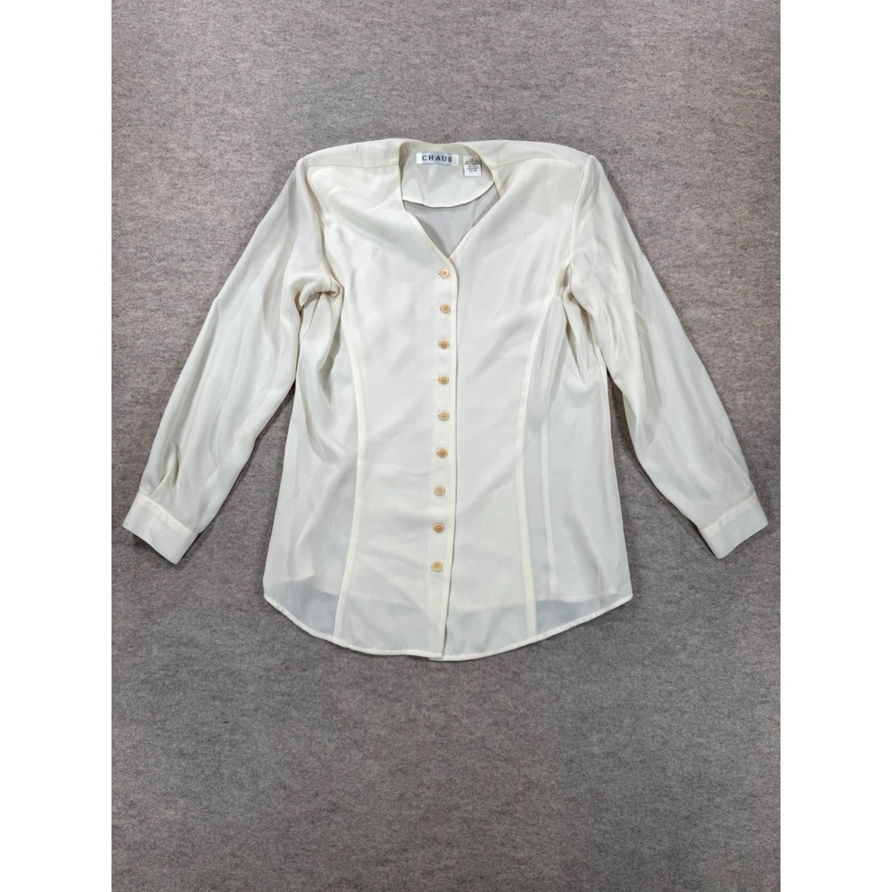Vintage Chaus Blouse Top Womens 10 Beige Comfort V Neck Curved Hem Button Front
